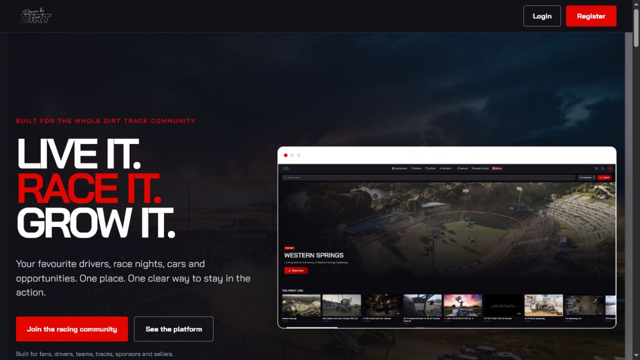 Driven By Dirt platform homepage