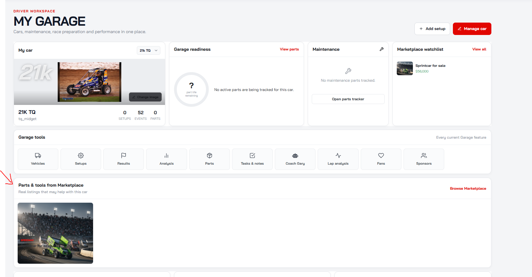 Garage dashboard showing a race car, maintenance, tools and marketplace listings