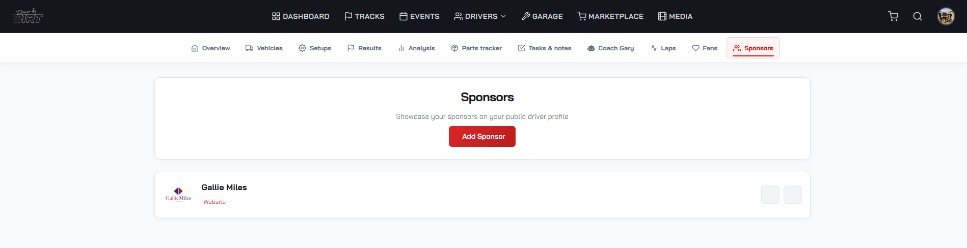 Driven By Dirt sponsor management screen